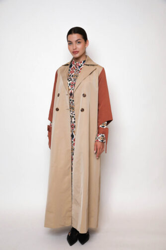 Apricot beige trench abaya with long sleeves dress