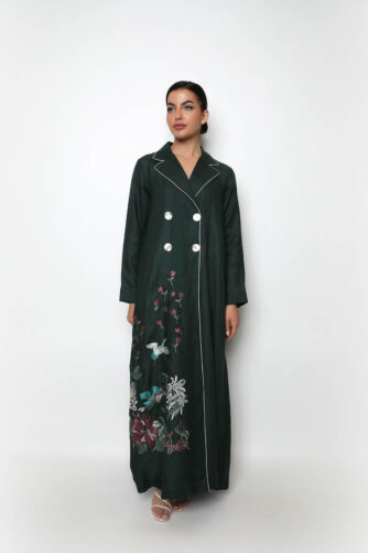 Birds green linen saif abaya