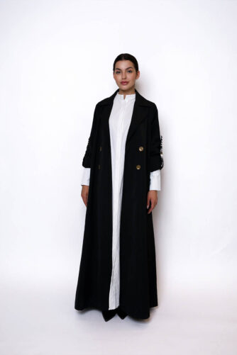 Black trench abaya with bead embellished sleeves and white long sleeves shirt dress