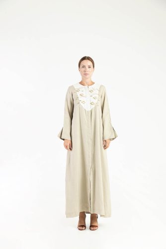 Linen Shirt Abaya with Gold Fishes Embellishment