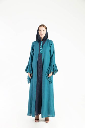 Flared sleeves linen abaya with embellished dress